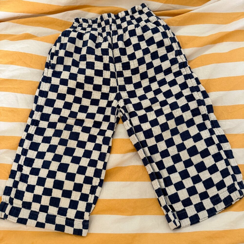 Hanna Andersson | Checkered Print Wide Leg Smocked Cotton Muslin Pant | Size 4T
